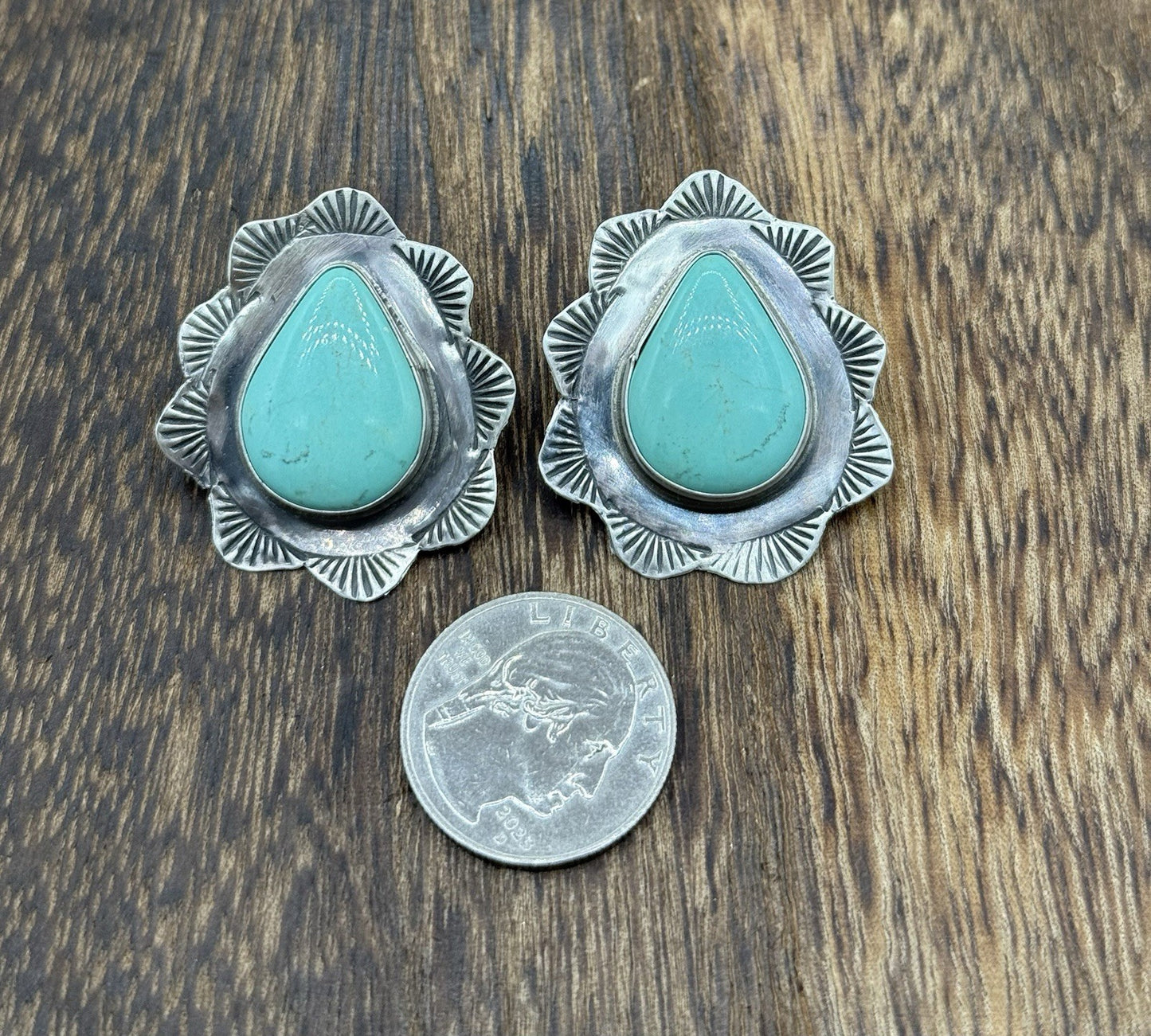 Navajo Handmade Sterling Silver Blue Glacier Turquoise Stamped Post Earrings