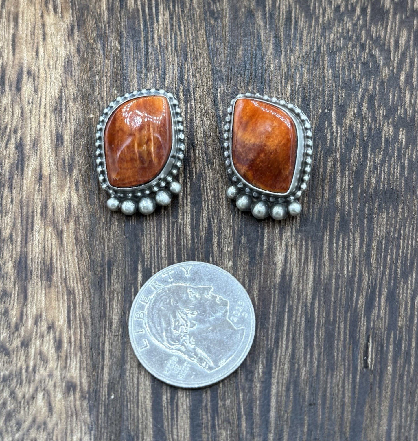 Native Navajo Handmade Sterling Silver Orange Spiny Oyster Post Stud Earrings