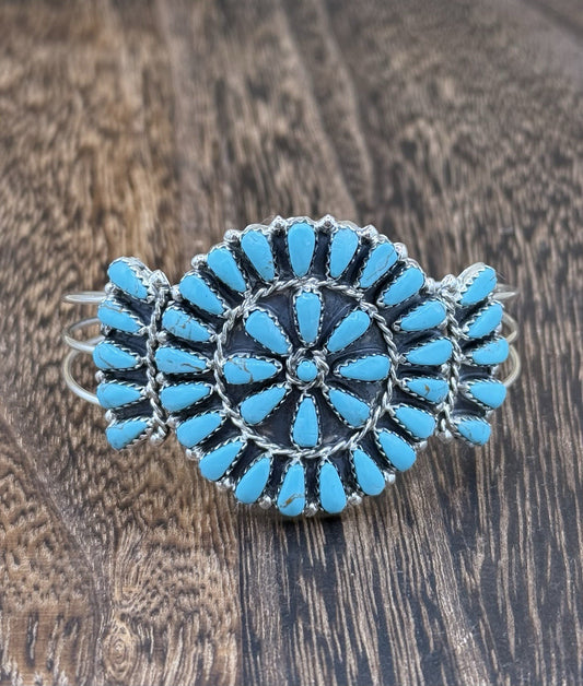 Native American Navajo Handmade Sterling Silver Turquoise Cluster Cuff Bracelet