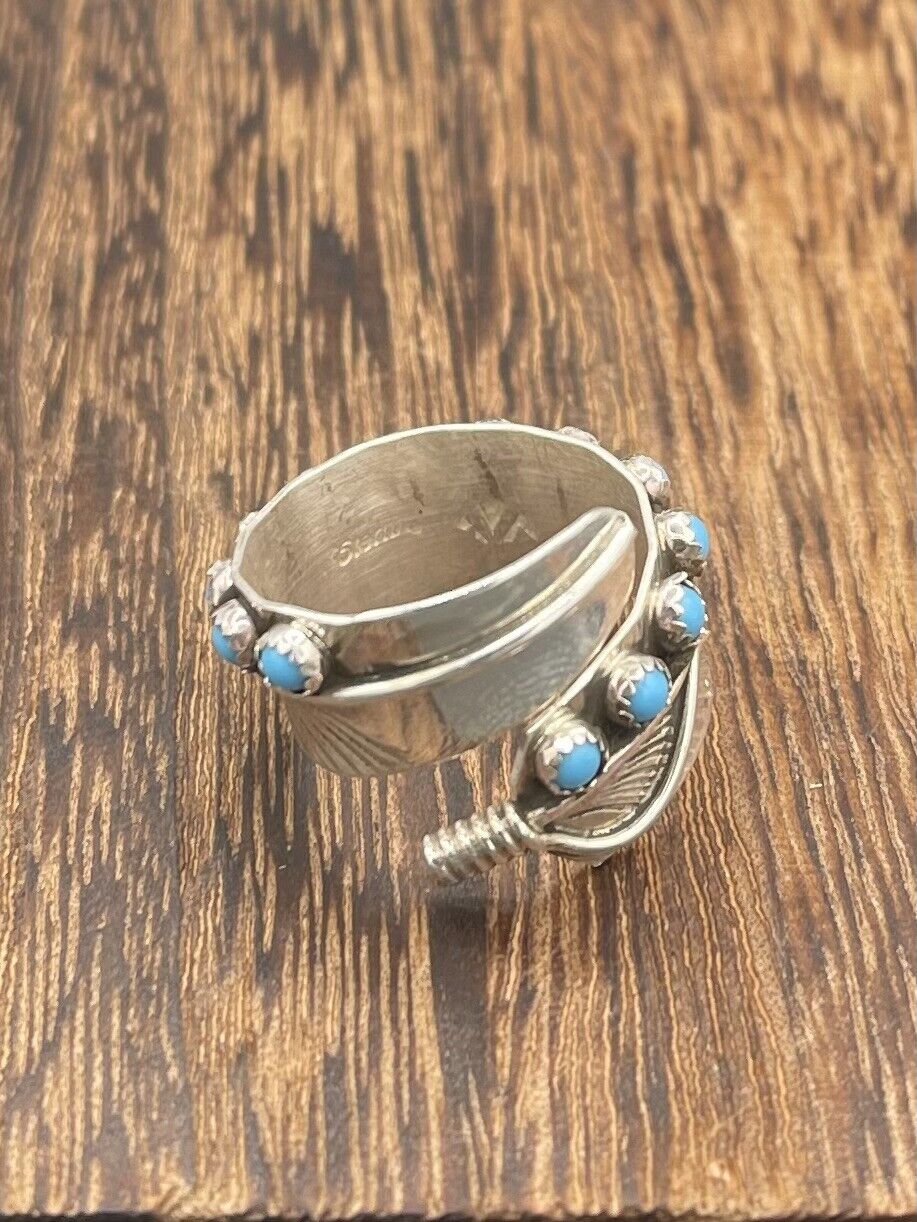 Native American Sterling Silver Indian Turquoise Adjustable Ring Size 6-11