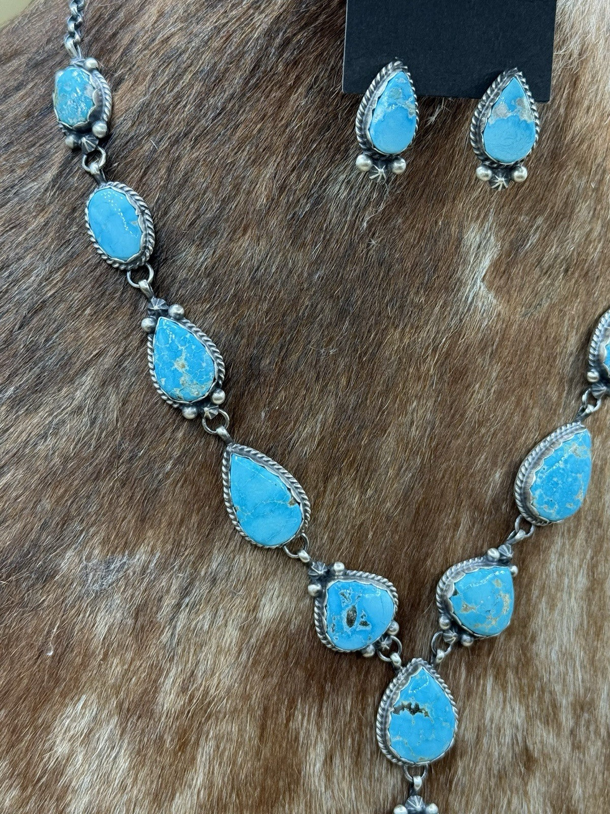 Native Navajo Handmade Sterling Silver Blue Bird Turquoise Y Lariat Necklace 24”