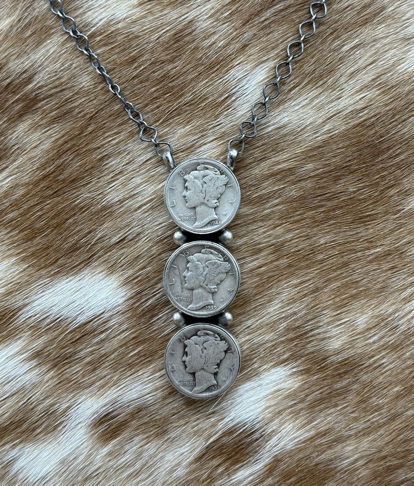 Navajo Handmade Sterling Silver Liberty Dime Cluster Bar Lariat Necklace 18”