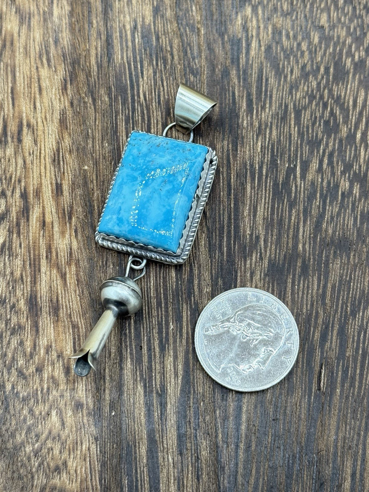 Native Navajo Handmade Sterling Silver Kingman Turquoise Dangle Blossom Pendant