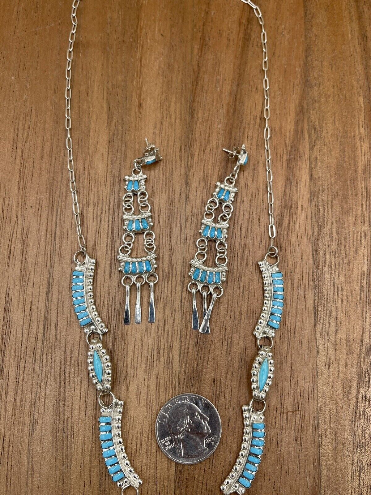 Native American Zuni handmade Silver Turquoise Inlay Squash Blossom Necklace 22”