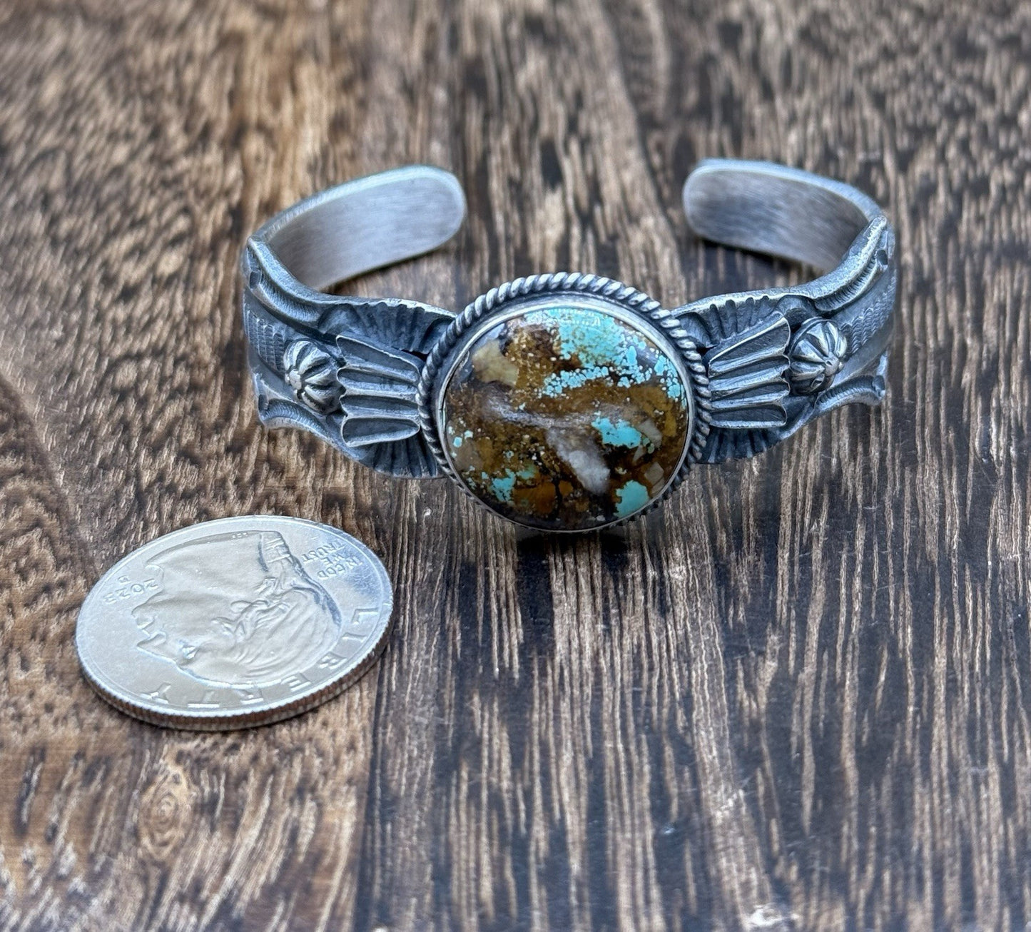 Navajo Handmade Sterling Silver Royston Turquoise Old look Cast Bracelet