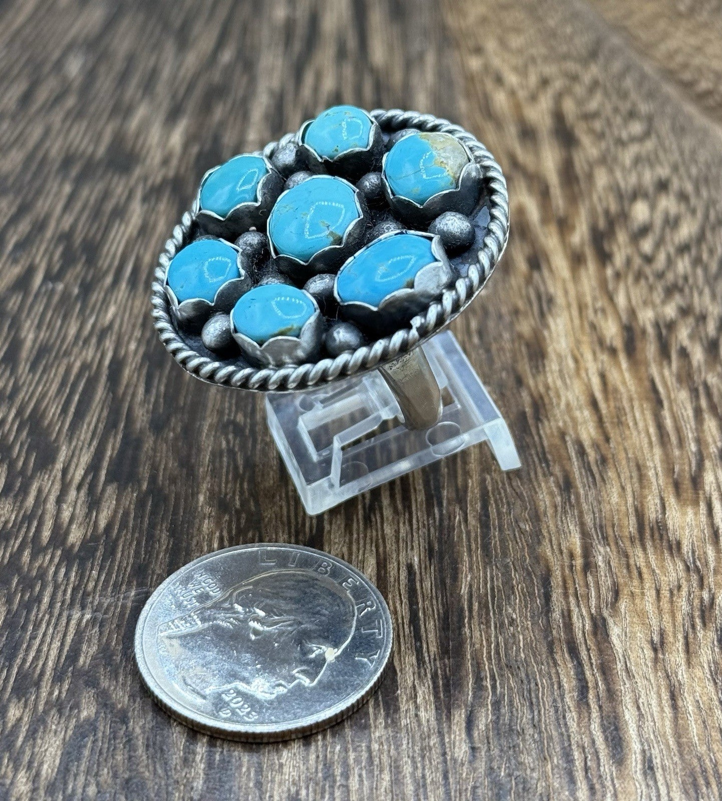 Navajo Handmade Sterling Silver Kingman Turquoise Adjustable Ring Size 7 To 9