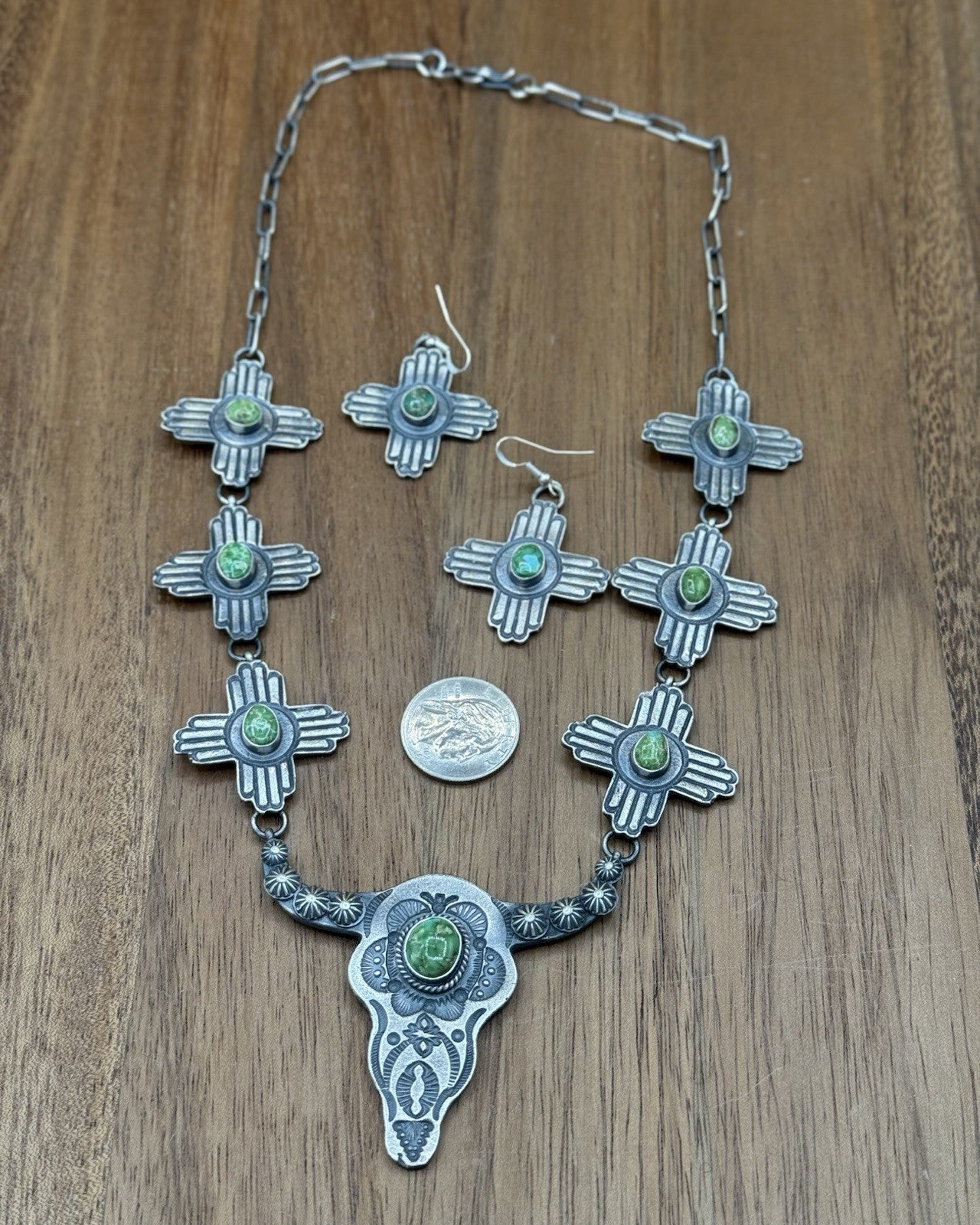 Navajo Handmade Sterling Silver Sonoran Gold Turquoise Longhorn Zia Necklace Set