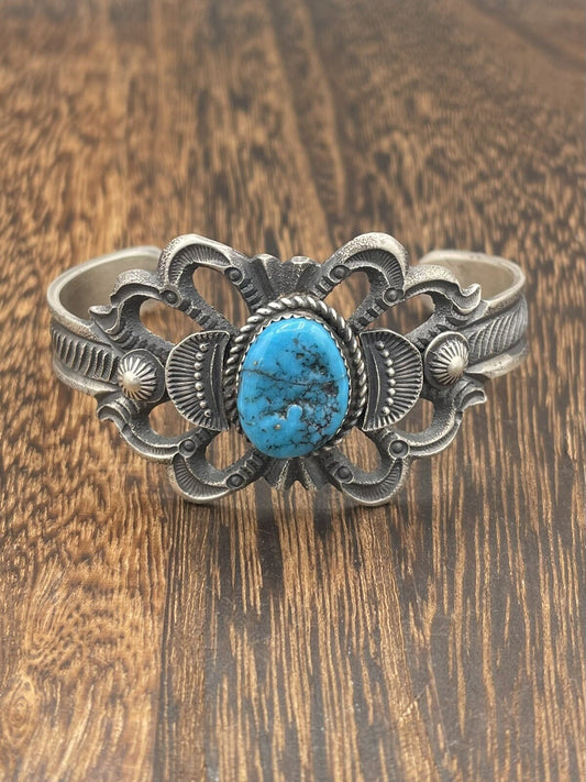 Native American Sterling Silver Navajo Handmade Kingman Turquoise Cuff Bracelet