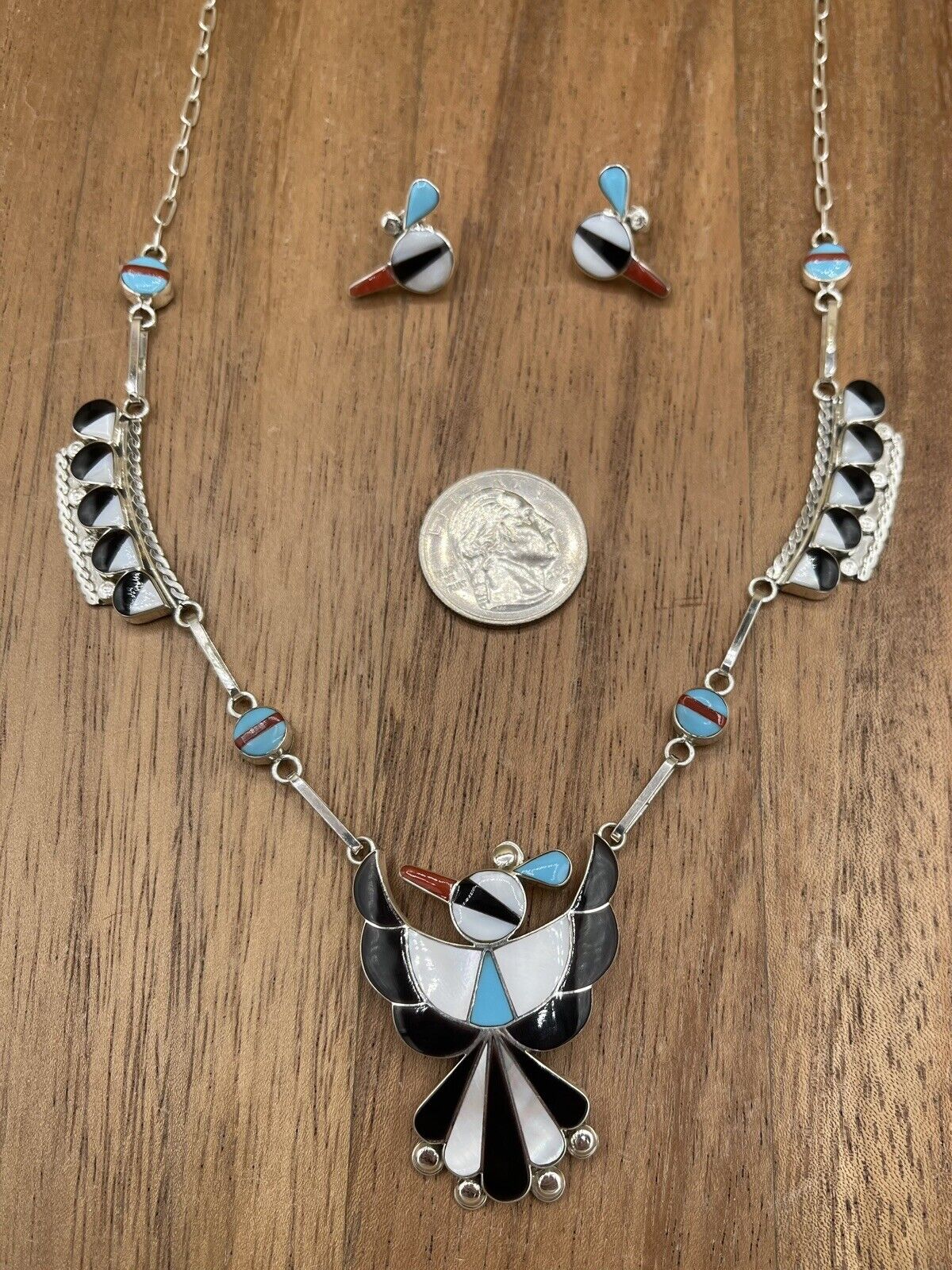 Native American Zuni handmade Silver Multi-stone Inlay Thunderbird Necklace 22”