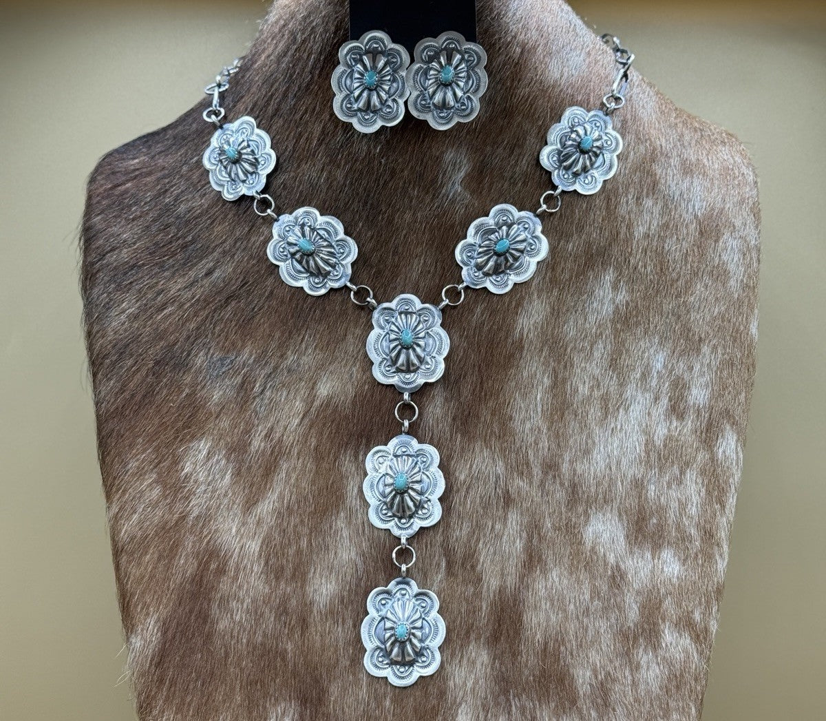 Navajo Handmade Sterling Silver Stamped Concho Turquoise Lariat Necklace Set 20”