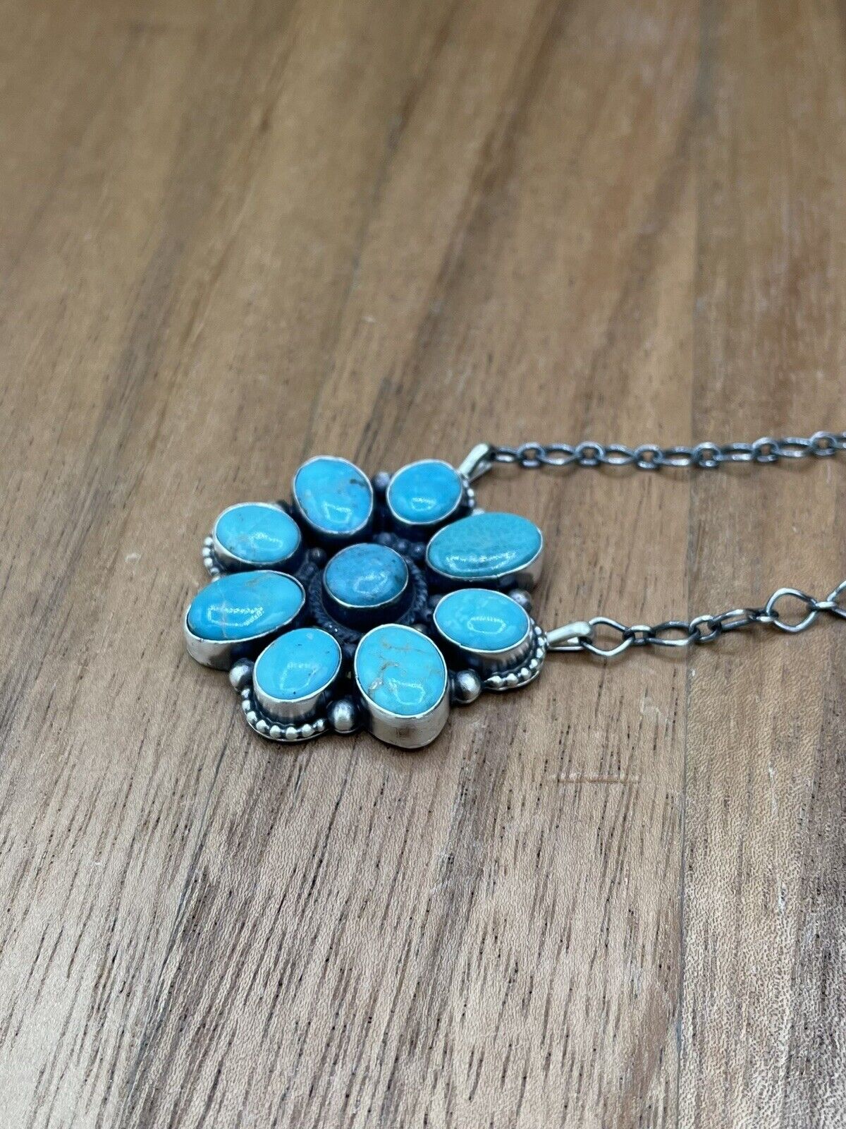 Native American Navajo Handmade Silver Turquoise Cluster Necklace 18 Inch