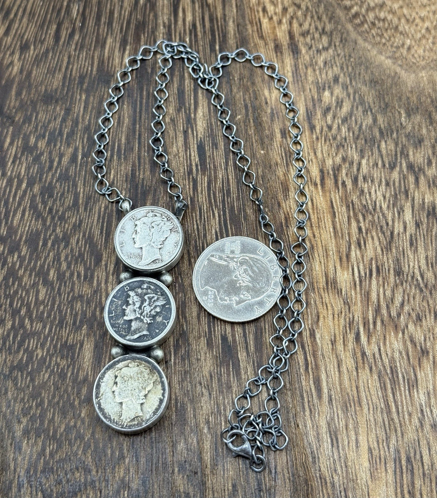 Navajo Handmade Sterling Silver Liberty Dime Cluster Bar Lariat Necklace 18”