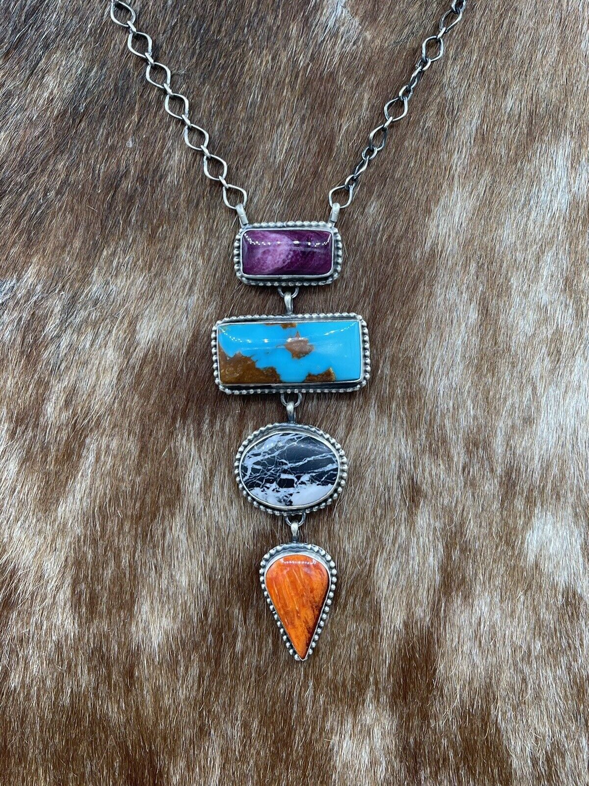 Native American Navajo Handmade Sterling Silver Multi Color Necklace 18 Inch