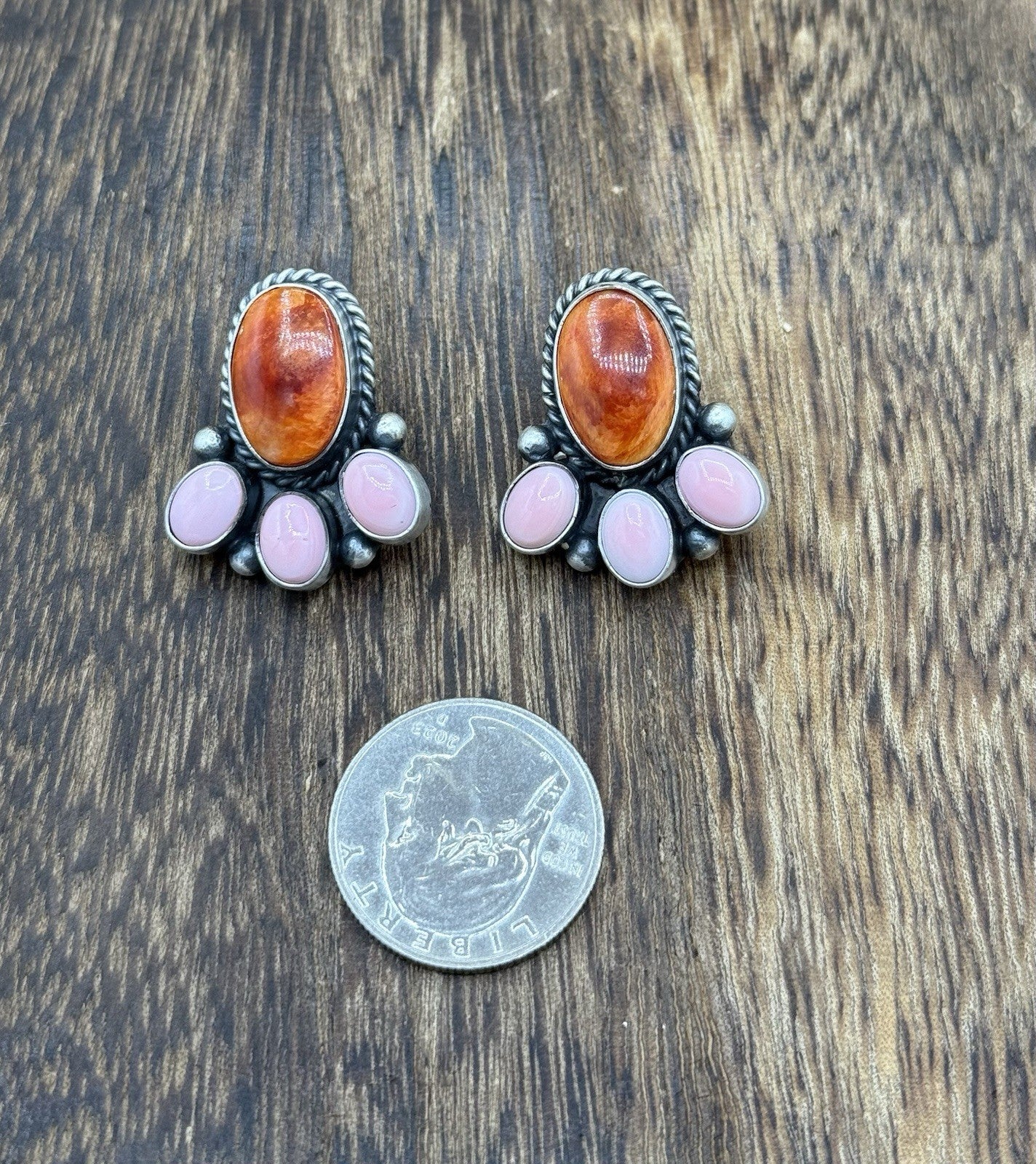 Navajo Handmade Sterling Silver Multi Color Spiny Pink Shell Cluster Earrings