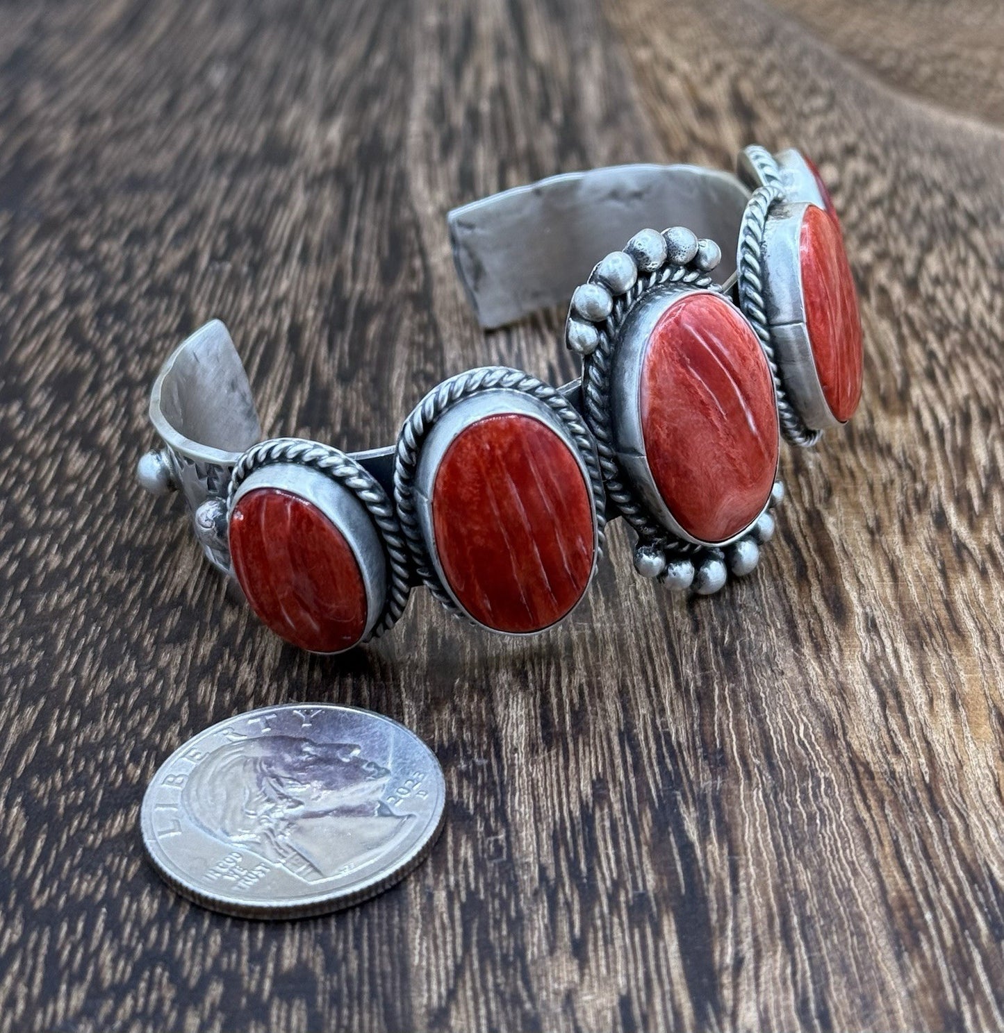 Native Navajo Handmade Sterling Silver Red Spiny Oyster Shell Cuff Bracelet