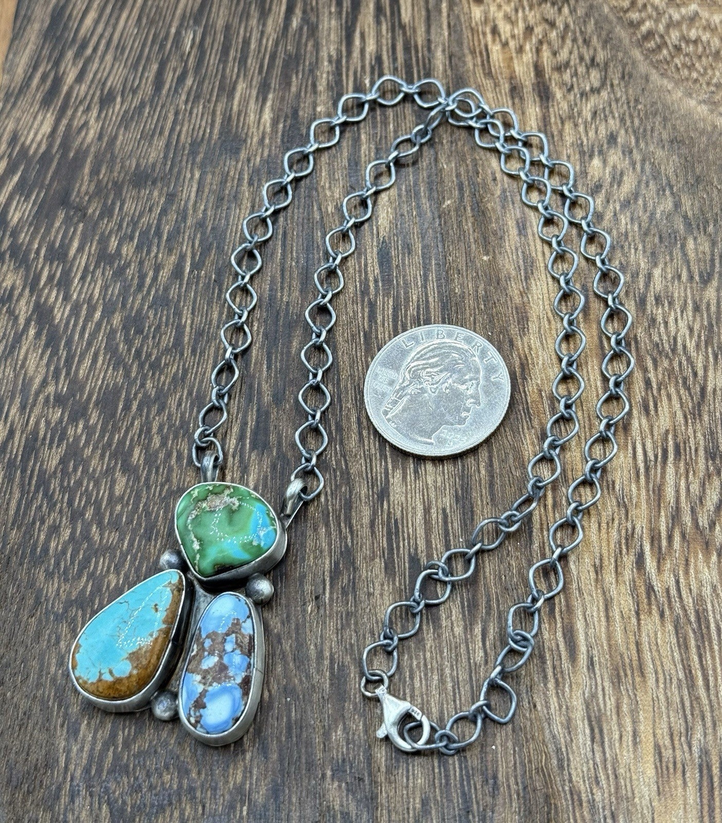 Navajo Handmade Sterling Silver Mixed Turquoise  Cluster Bar Necklace 18”