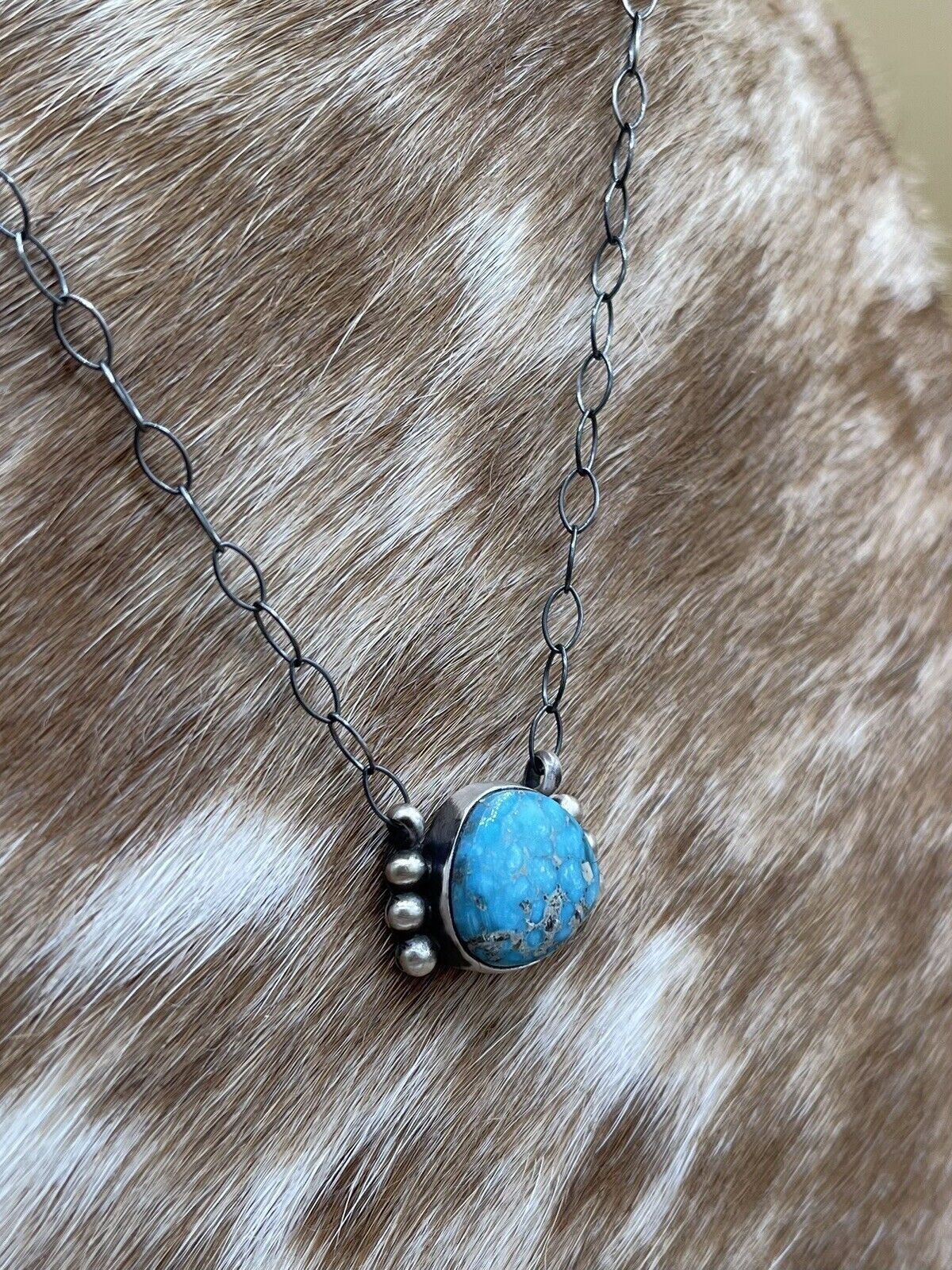 Native American Navajo Handmade Silver Kingman Turquoise Bar Necklace 18”