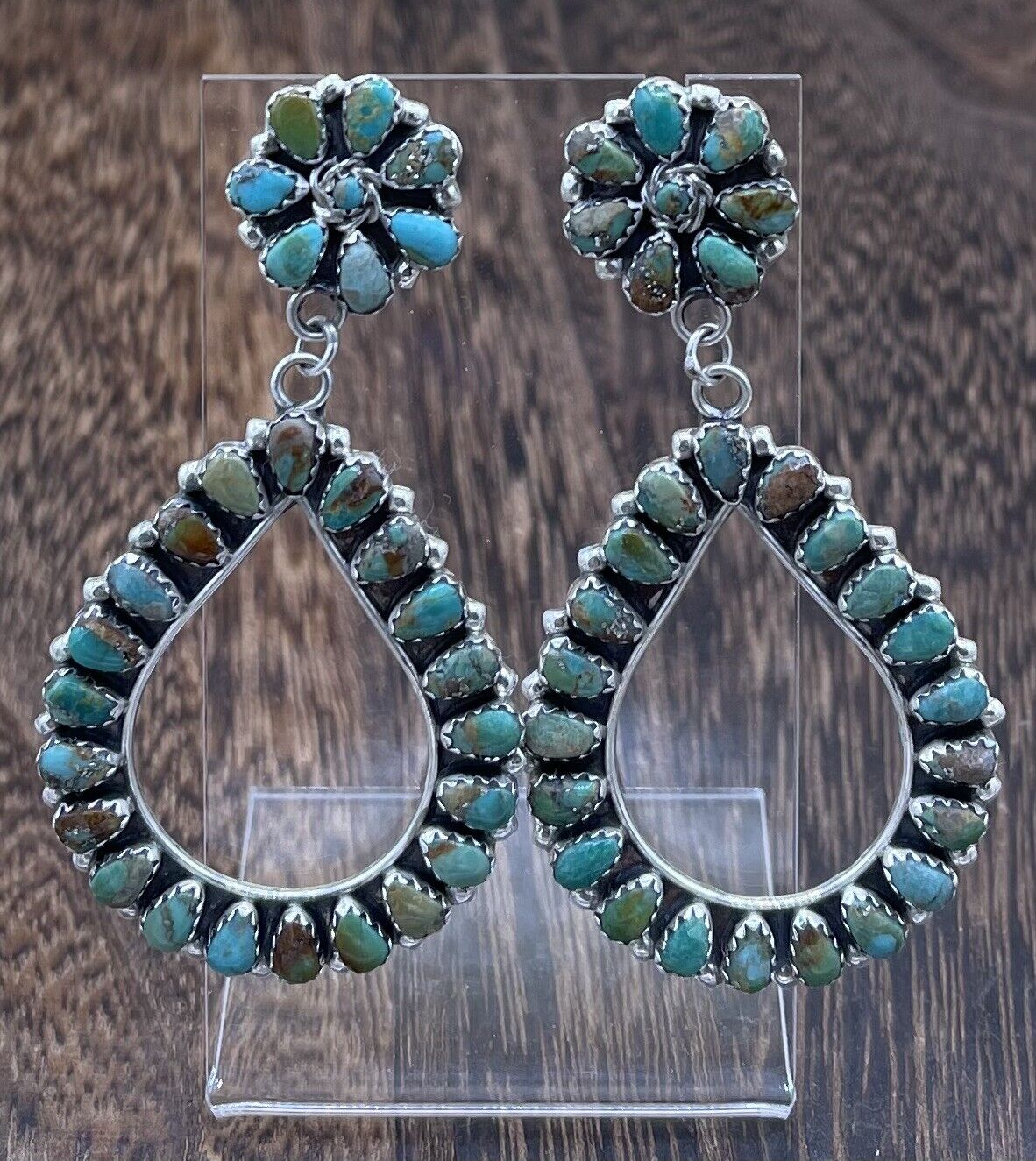 Navajo Handmade Sterling Silver Turquoise Cluster Post earrings Mathilda Benally