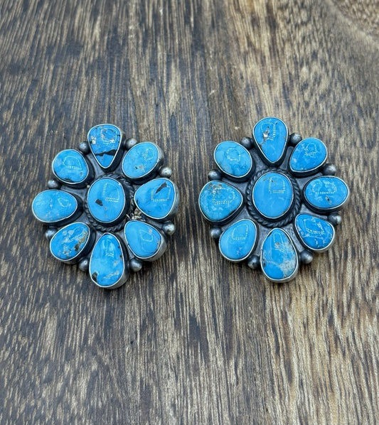 Navajo Handmade Sterling Silver Blue Ridge Turquoise Cluster Post Large Earrings