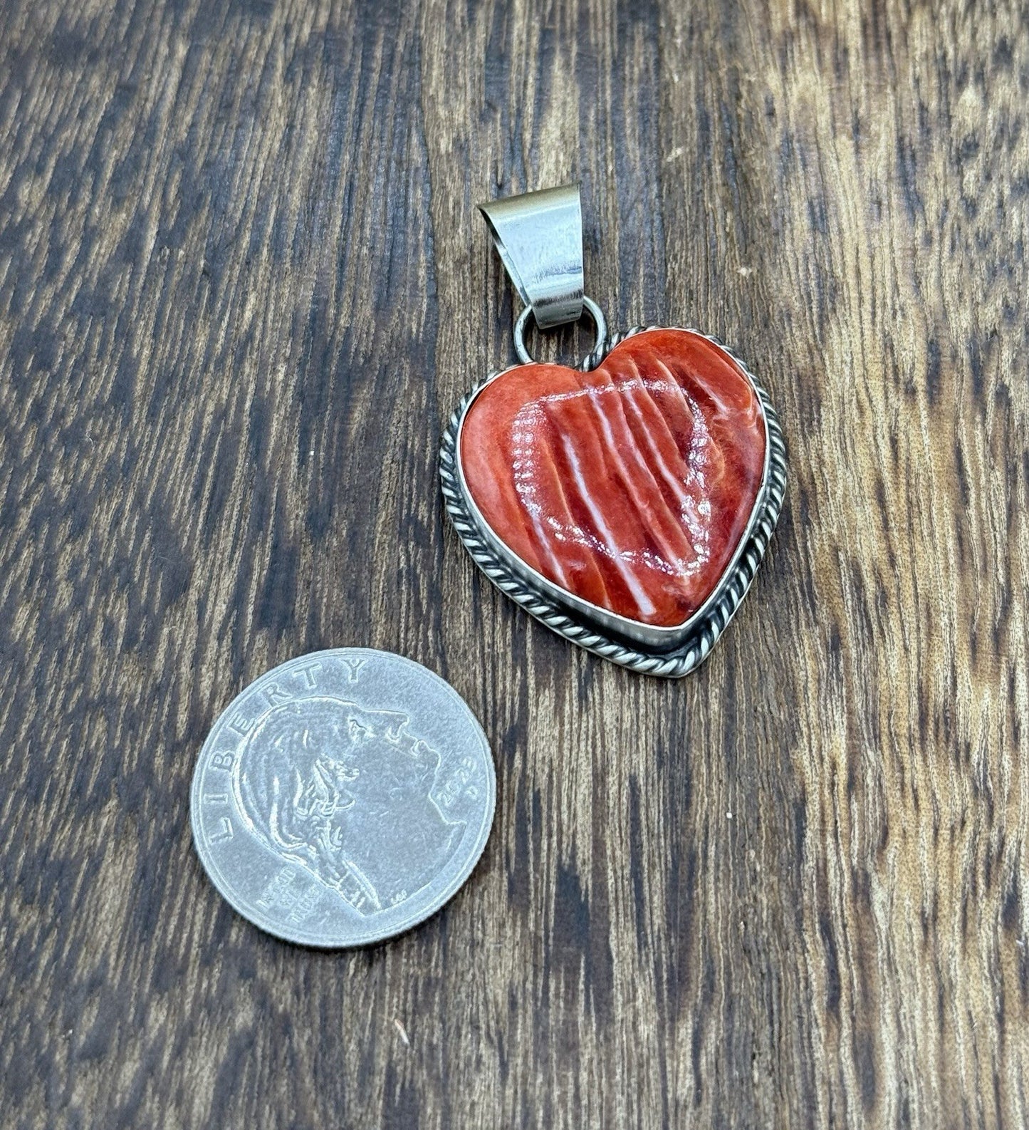 Navajo Handmade Sterling Silver Red Spiny Oyster Shell Heart Shaped Pendant