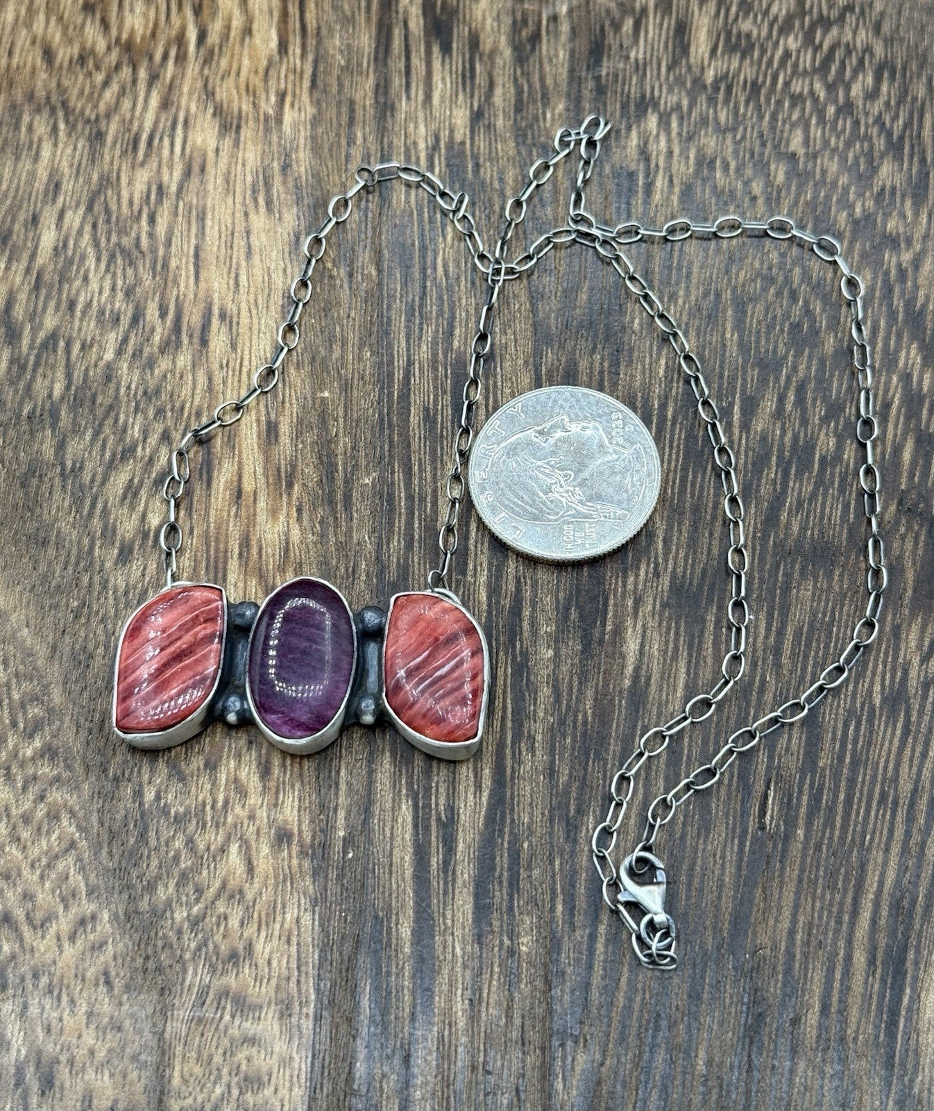 Navajo Handmade Sterling Silver Multicolor Spiny Oyster Cluster Bar Necklace 18”