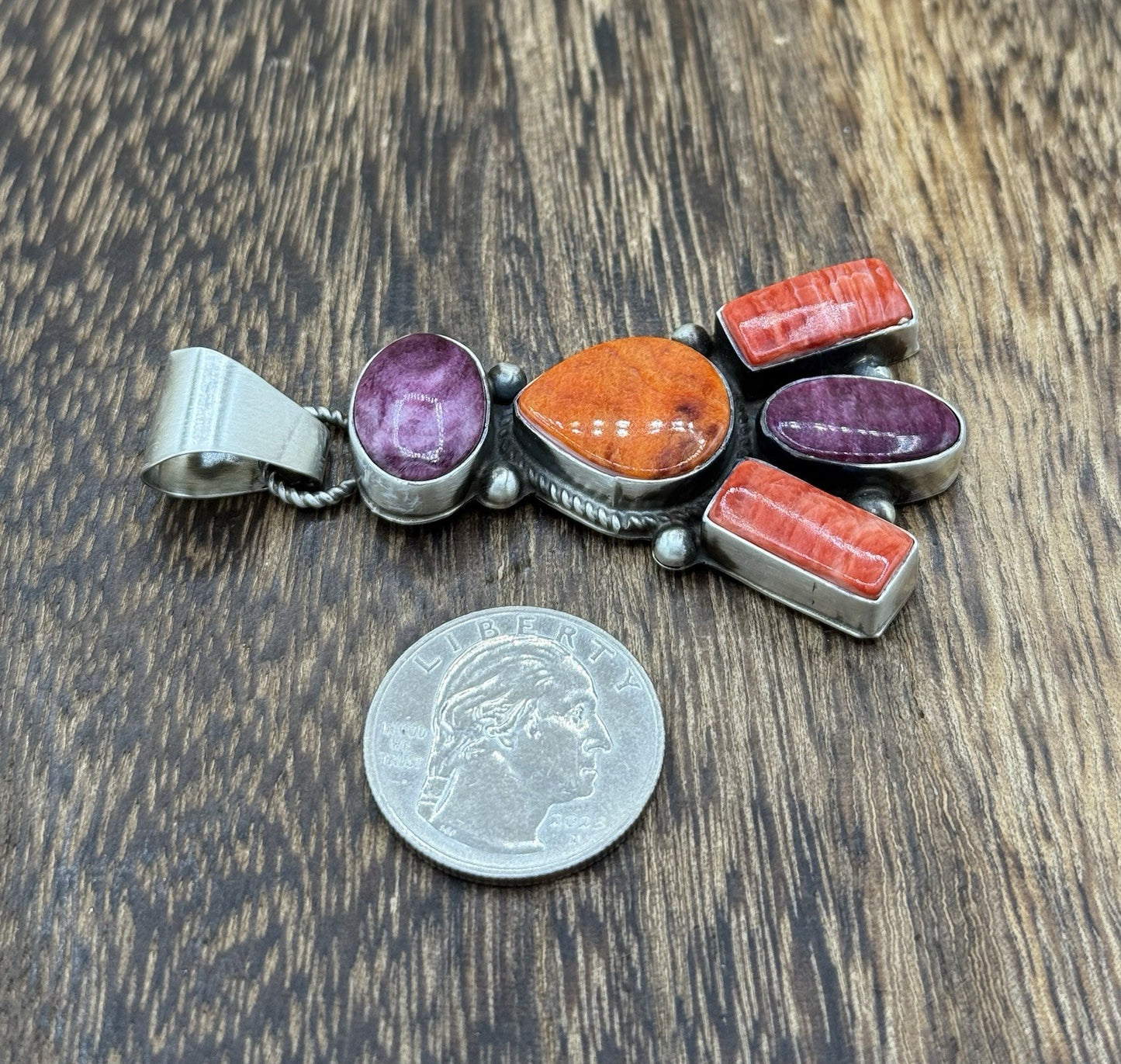 Native Navajo Handmade Sterling Silver Multi Spiny Oyster Shell Cluster Pendant