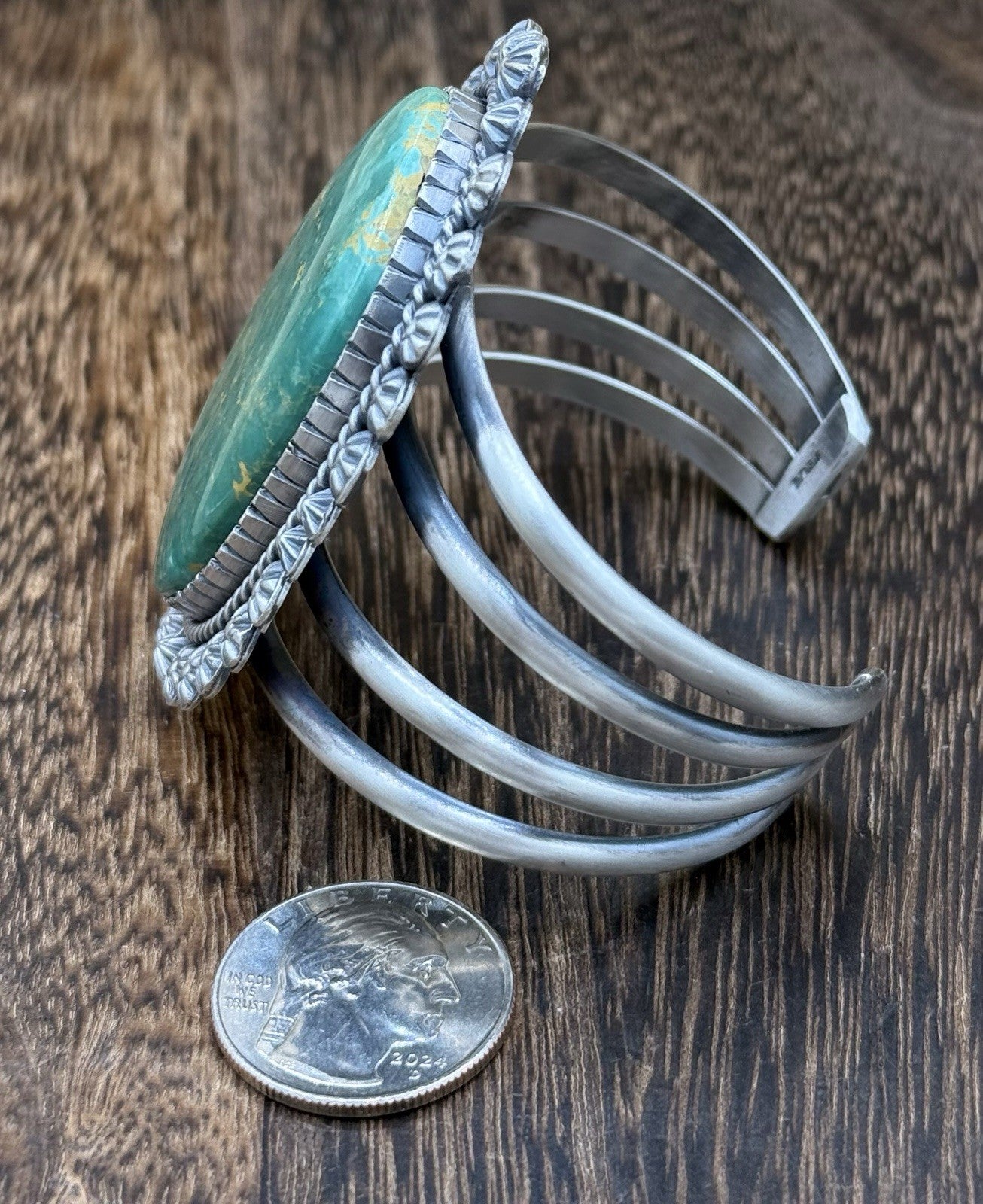 Native Navajo Handmade Sterling Silver Royston Turquoise Old Look Cuff Bracelet