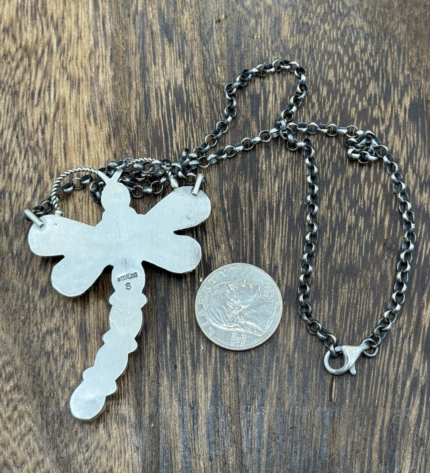 Navajo Handmade Sterling Silver Purple Spiny Oyster Dragonfly Bar Necklace 18”