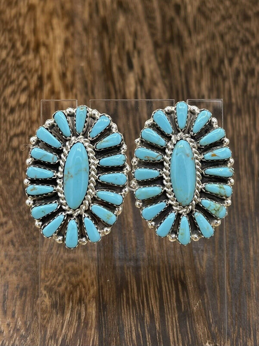 Native American Navajo Handmade Sterling Silver Turquoise Cluster Stud Earrings