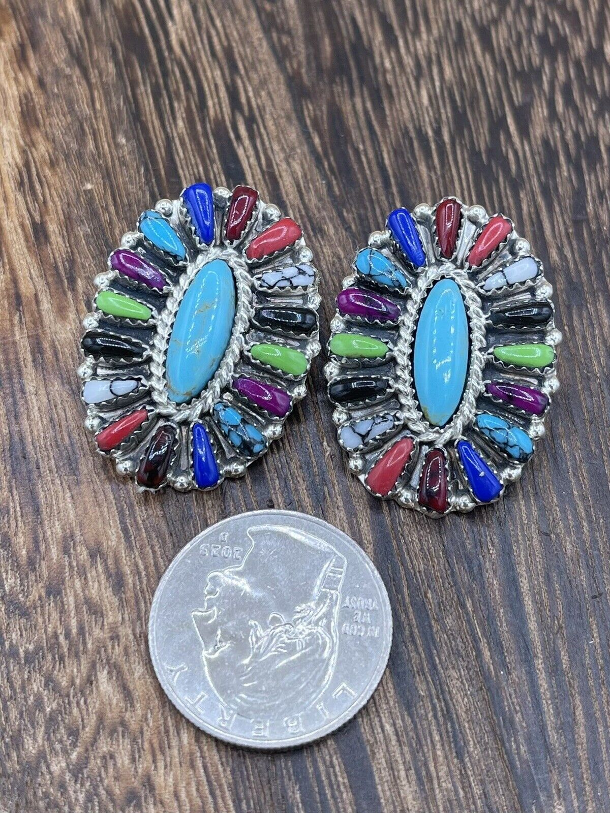 Native American Navajo Handmade Sterling Silver Multicolor Cluster Stud Earrings