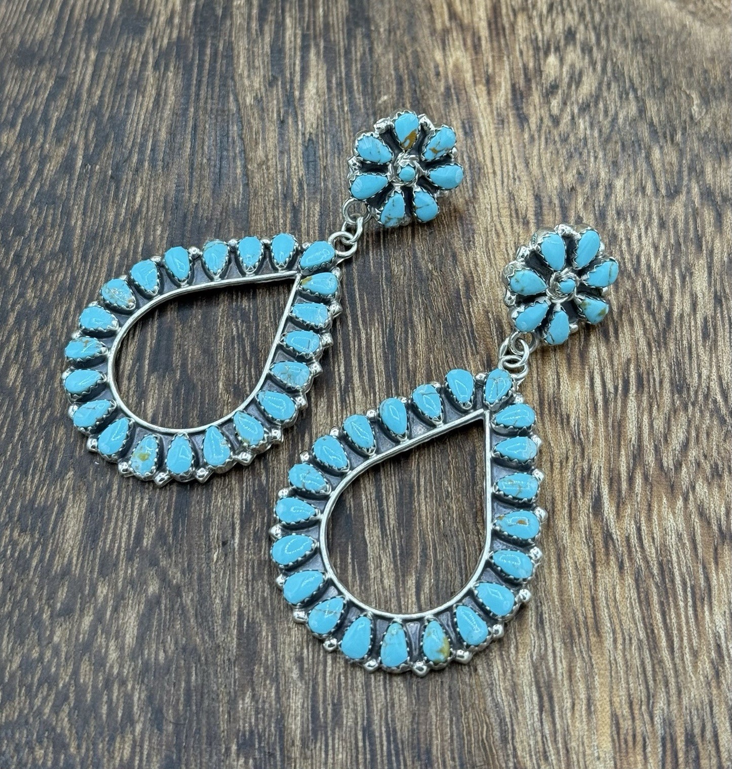 Navajo Handmade Sterling Silver Turquoise Cluster Post Drop earrings Large