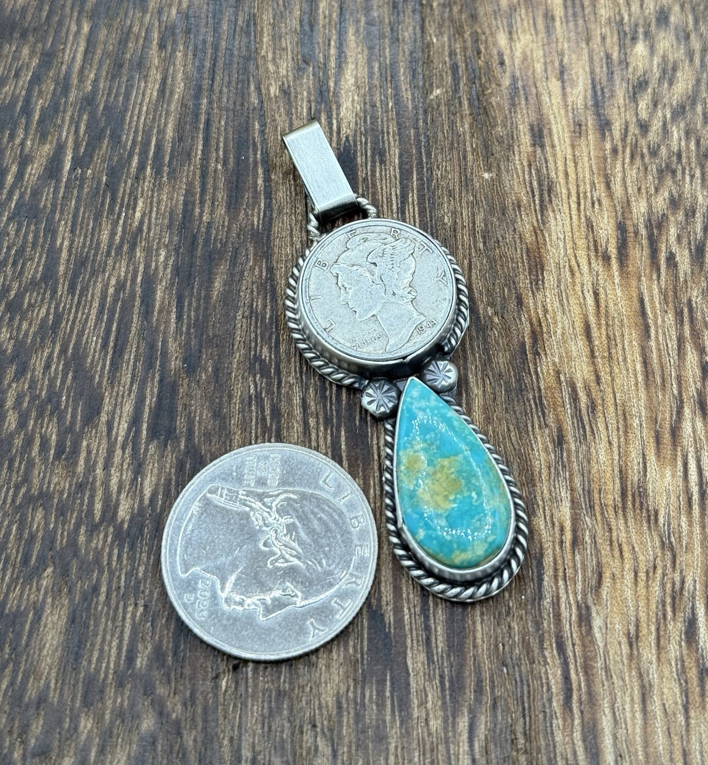 Navajo Handmade Sterling Silver Blue Glacier Turquoise Liberty Dime Coin Pendant