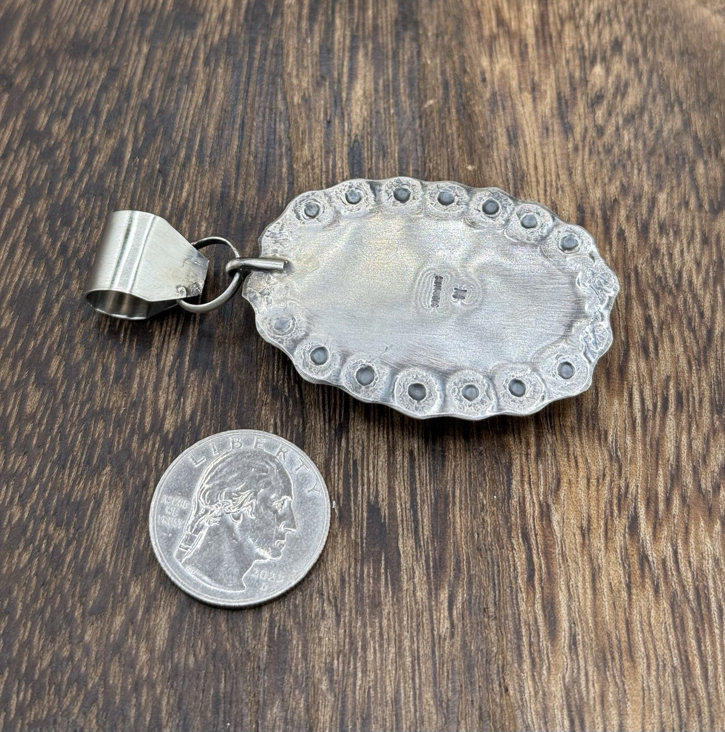 Navajo Handmade Sterling Silver Royston Turquoise Stamped Design Drop Pendant