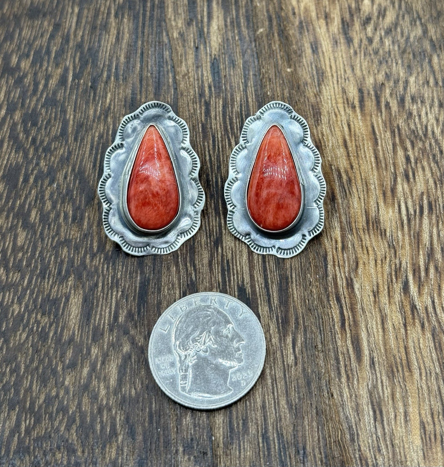 Navajo Handmade Sterling Silver Red Spiny Oyster Shell Stamped Post Earrings