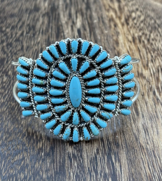 Native American Navajo Handmade Sterling Silver Turquoise Cluster Cuff Bracelet