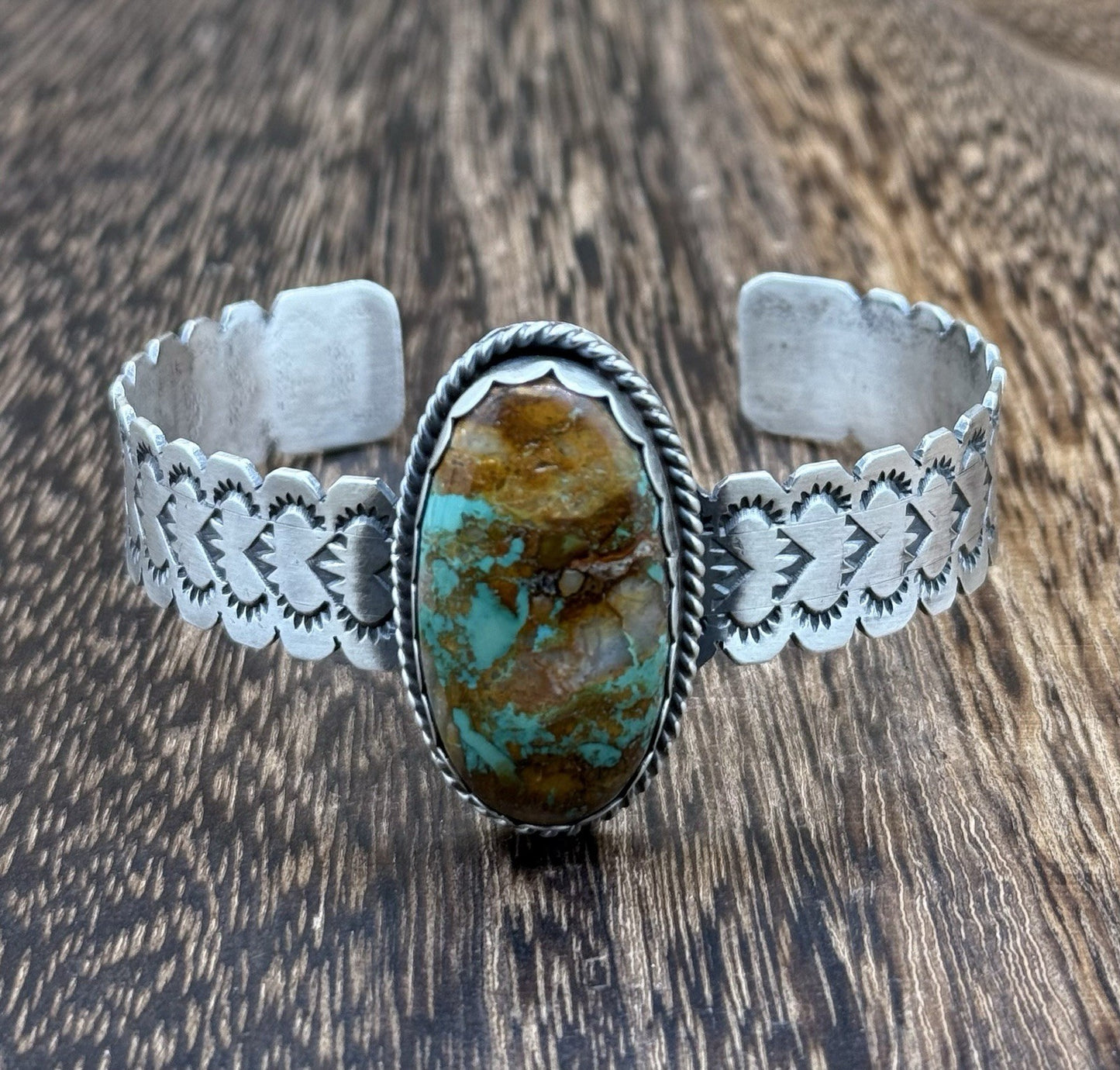 Navajo Handmade Sterling Silver Royston Turquoise Stacker Cuff Bracelet