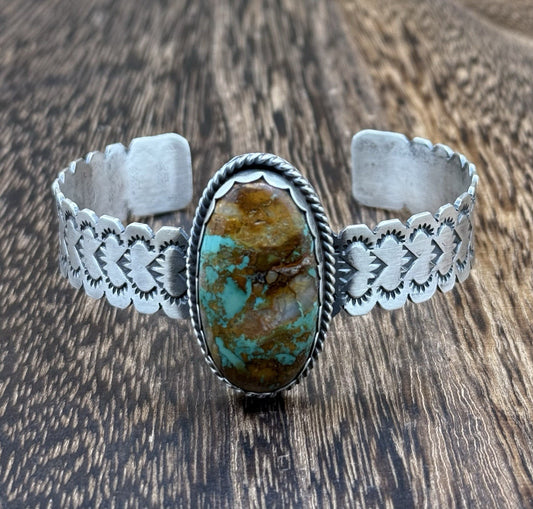 Navajo Handmade Sterling Silver Royston Turquoise Stacker Cuff Bracelet