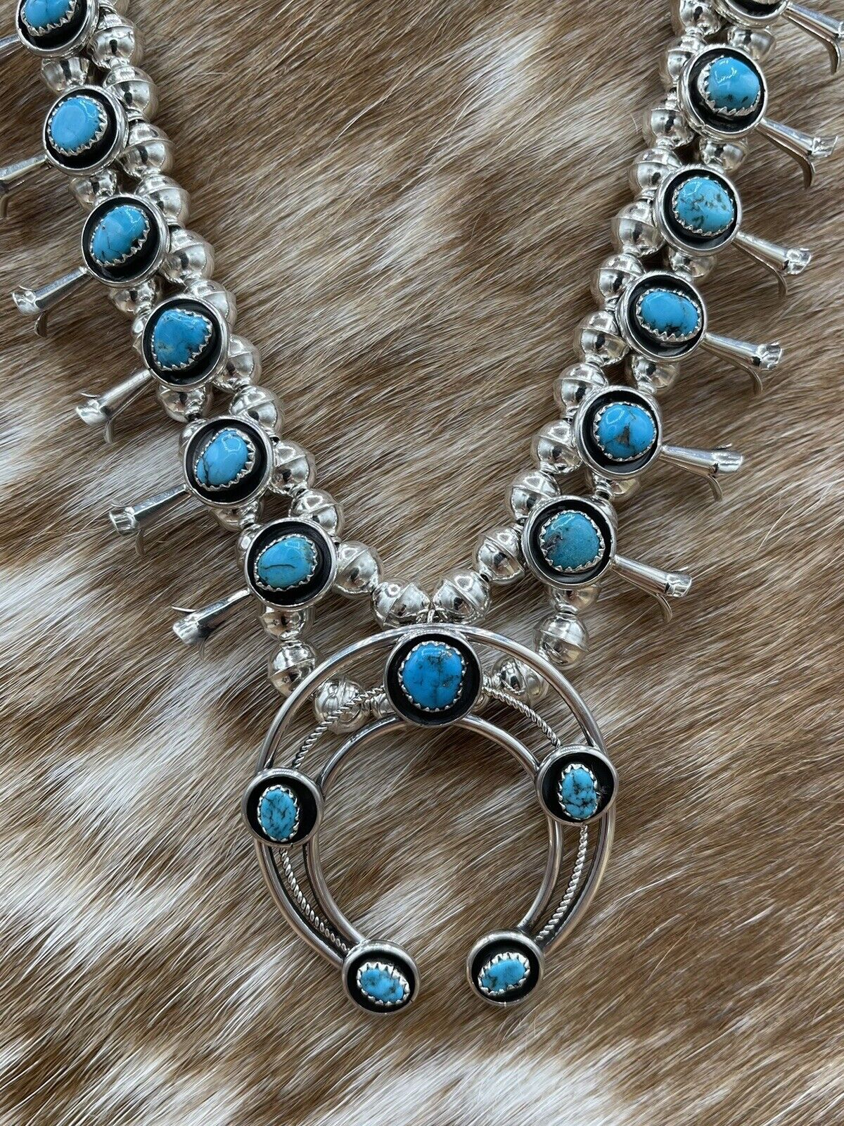 Native American Navajo Handmade Silver Kingman Turquoise Squash Blossom Set 18”