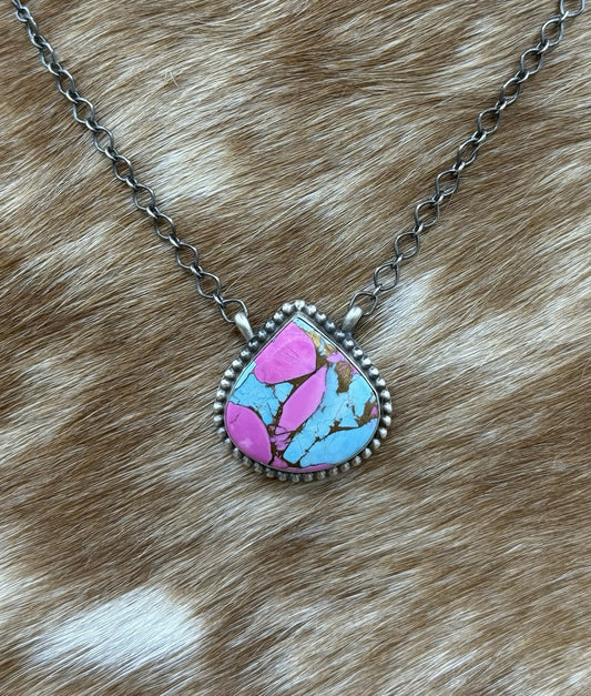 Native Navajo Handmade Sterling Silver Cotton Candy Dahlia Bar Necklace 18”