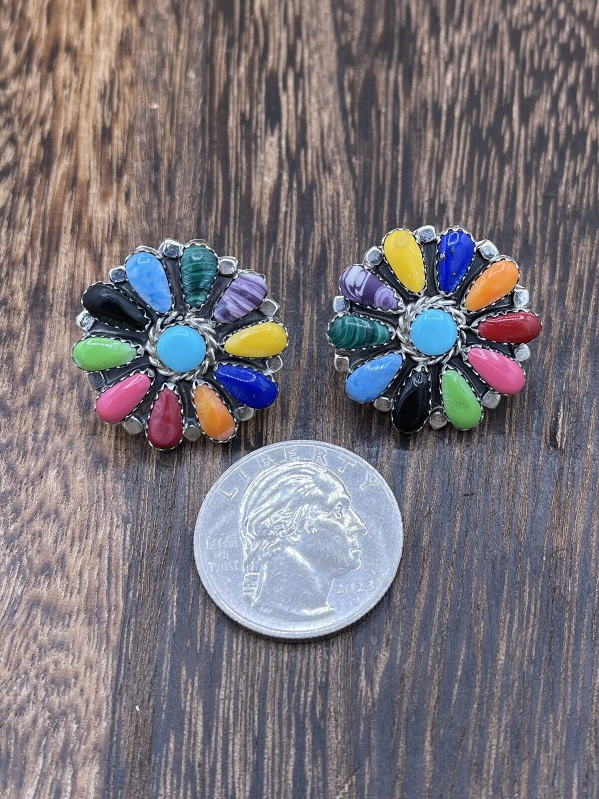 Native American Navajo Handmade Sterling Silver Multicolor Cluster Stud Earrings