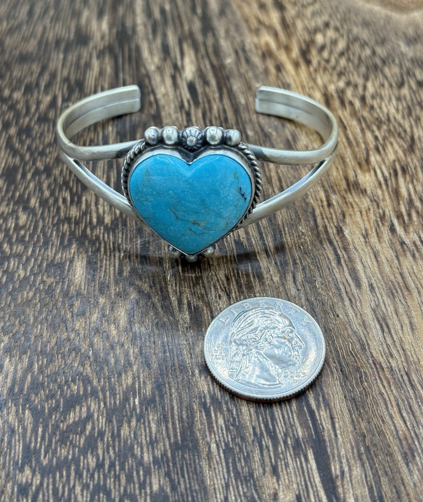 Navajo Handmade Sterling Silver Kingman Turquoise Heart Bracelet Cuff Betta Lee