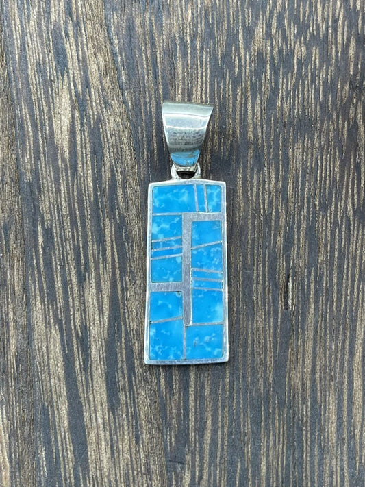 Native American Sterling Silver Navajo Handmade Natural Turquoise Inlay Pendant