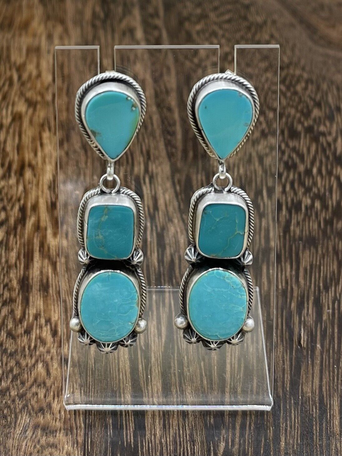 Native American Sterling Silver Navajo Handmade Turquoise Post Dangle Earrings