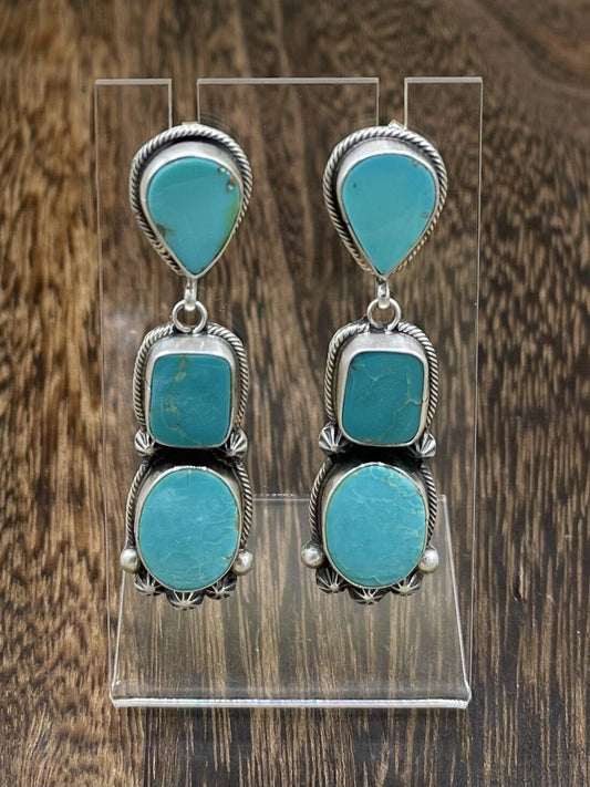 Native American Sterling Silver Navajo Handmade Turquoise Post Dangle Earrings