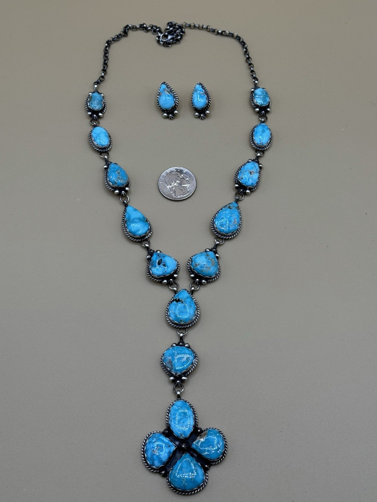 Native Navajo Handmade Sterling Silver Blue Bird Turquoise Y Lariat Necklace 24”