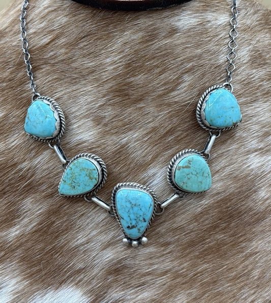 Native Navajo Handmade Sterling Silver Kingman Turquoise Choker Necklace 15”