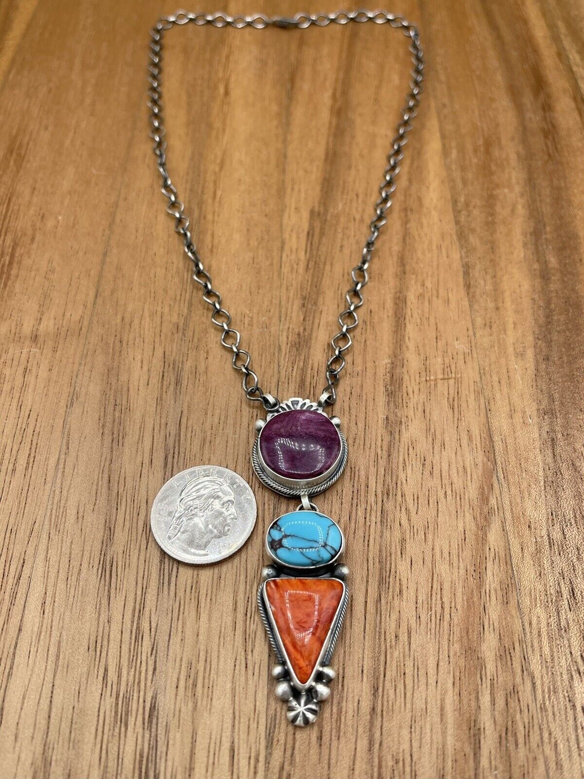 Native American Navajo Handmade Sterling Silver Multi Color Necklace 18 Inch