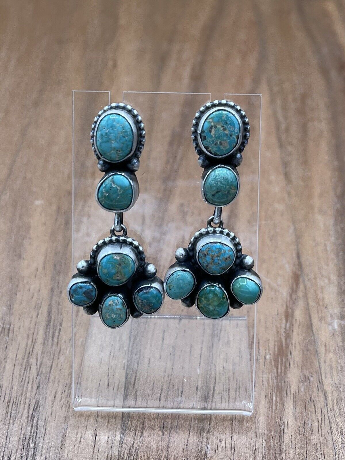 Native American Navajo Handmade Silver Kingman Turquoise Dangle Cluster Earrings