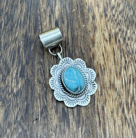 Navajo Handmade Sterling Silver Blue Bird Turquoise Stamped Design Drop Pendant
