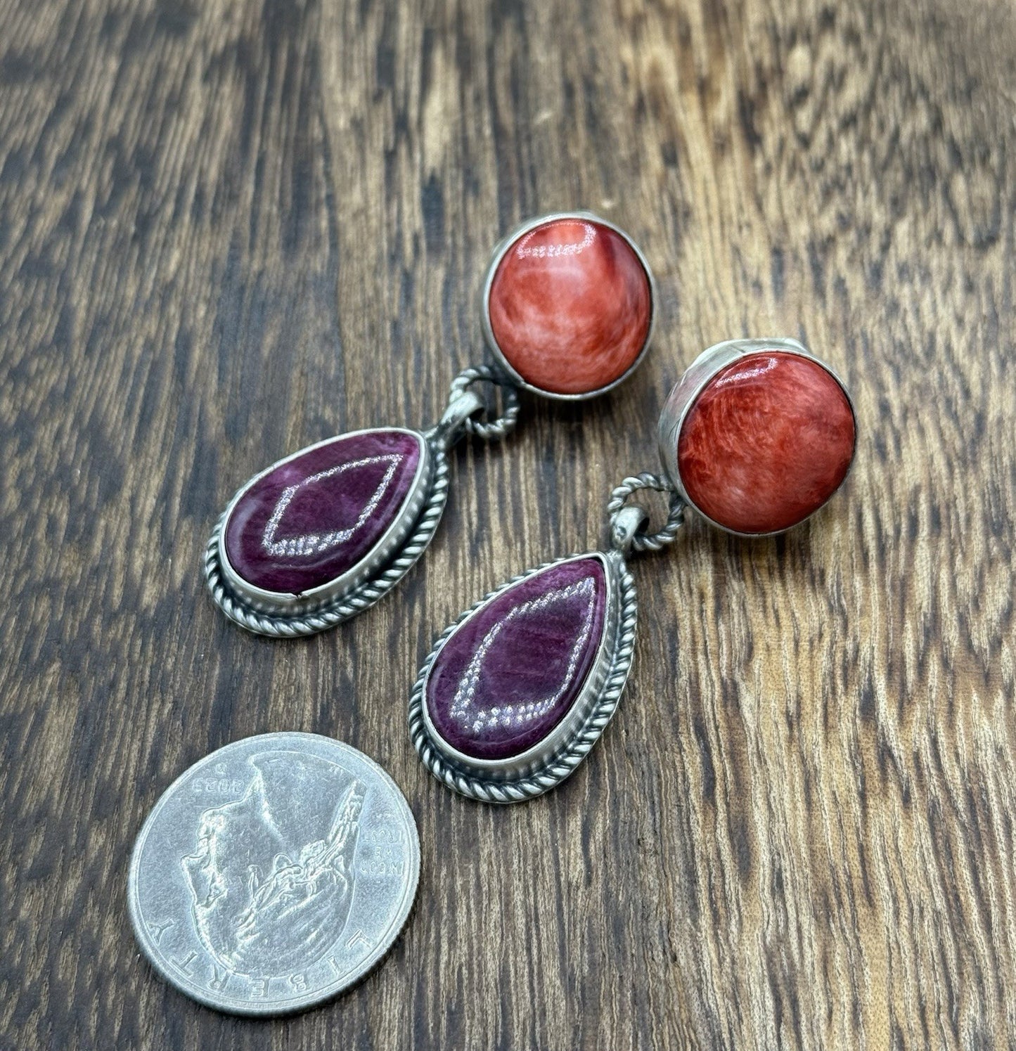 Navajo Handmade Sterling Silver Mixed Spiny Oyster Shell Post Dangle Earrings